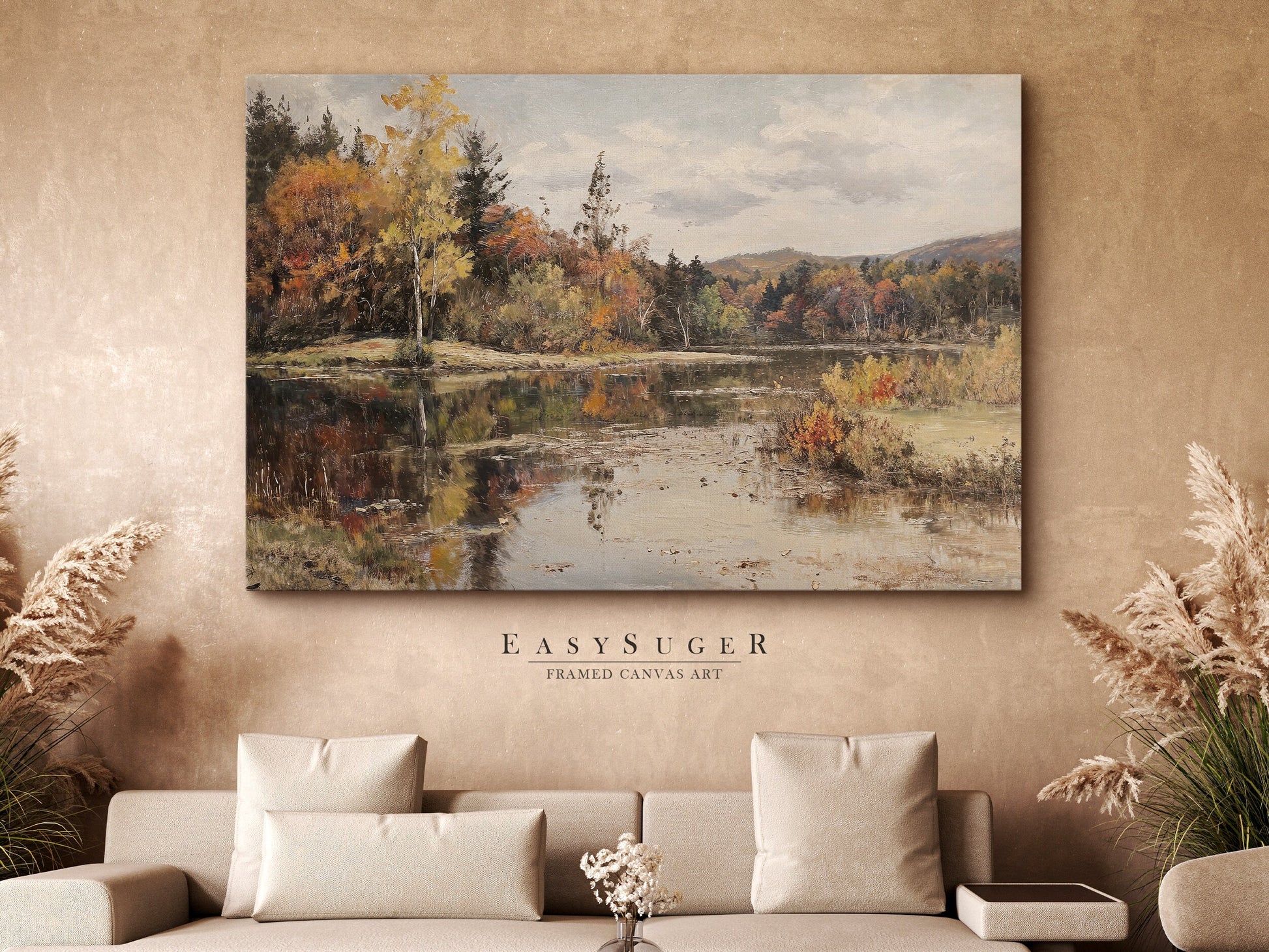 EasySuger Autumn by the River Framed Canvas Art, Nature Framed Large Gallery Art, Minimalist Art with hanging kit | GW25