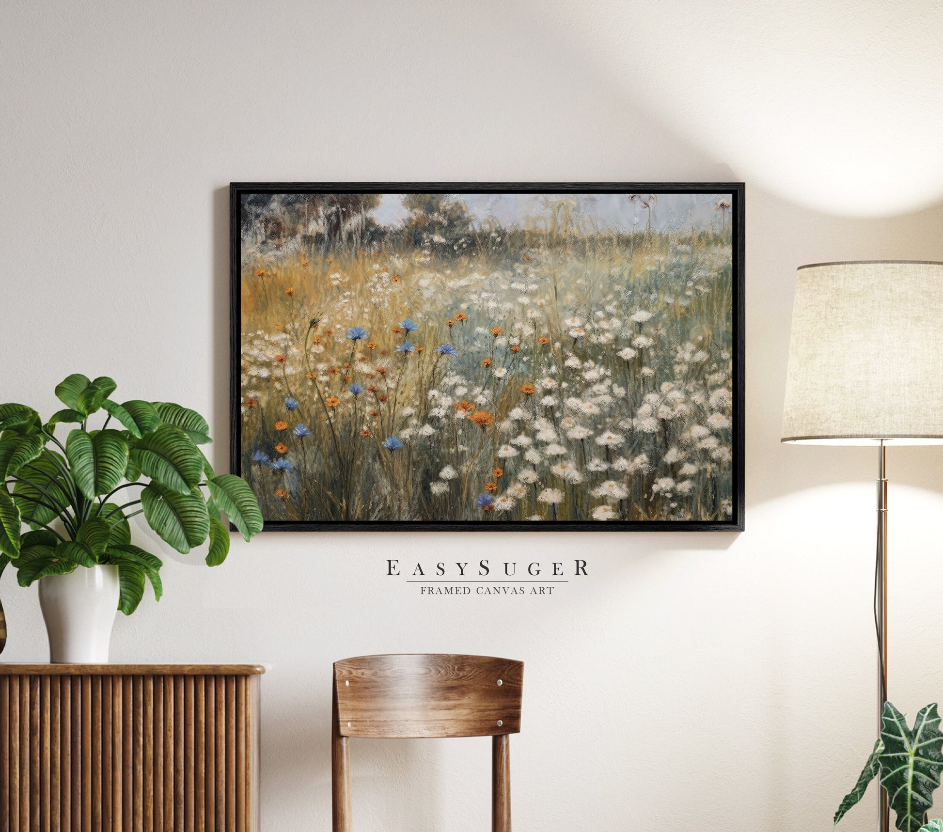 EasySuger Wildflowers field Wall Art Print, Nature Framed Large Gallery Art, Minimalist Art with hanging kit | GW27