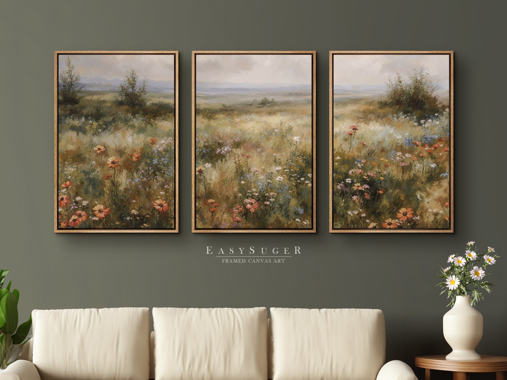 EasySuger 3 Panels Wildflowers field Landscape Wall Art, Vintage Nature Framed Large Gallery Art, Antique Art Ready to Hang | 3VG