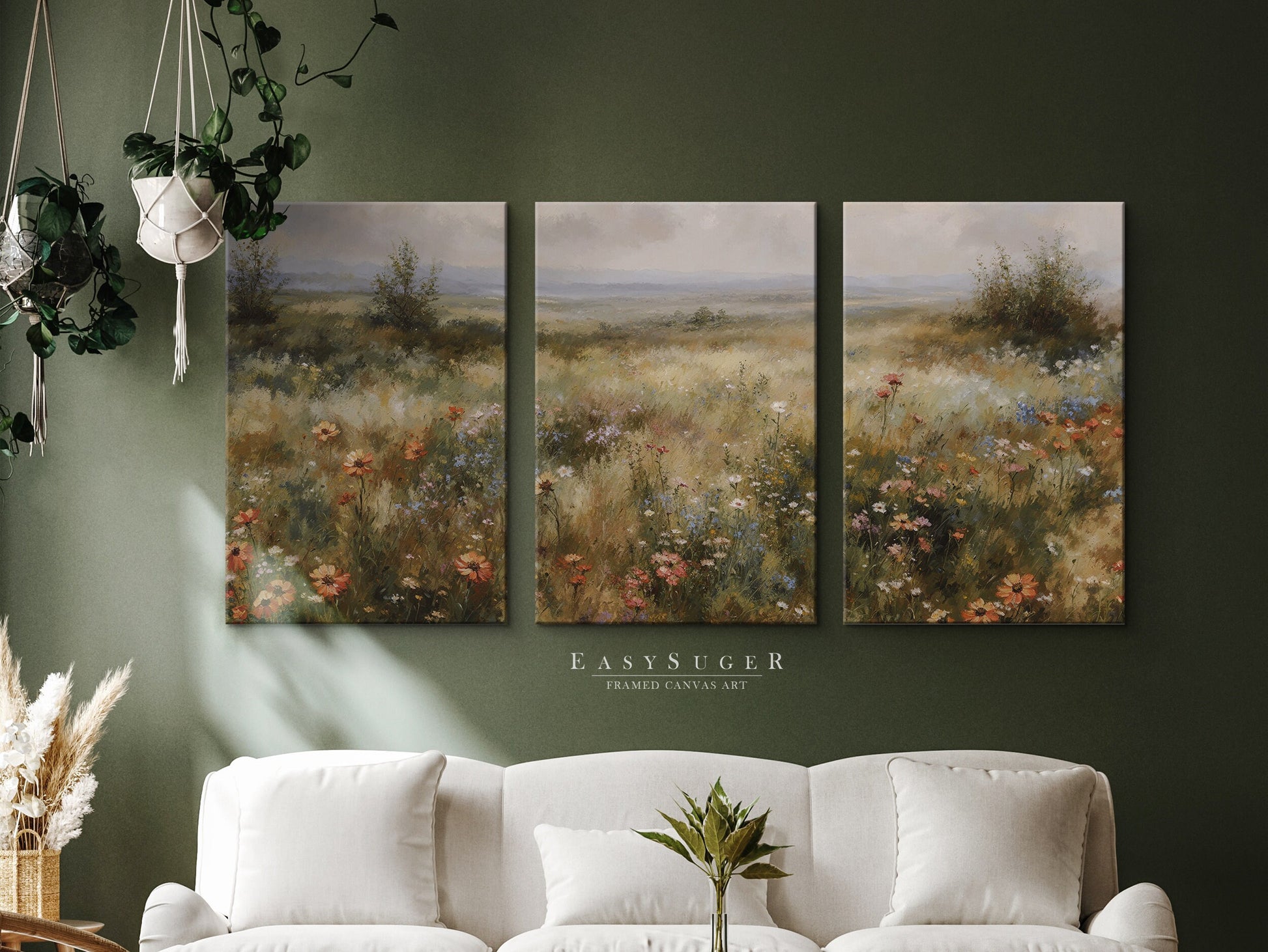 EasySuger 3 Panels Wildflowers field Landscape Wall Art, Vintage Nature Framed Large Gallery Art, Antique Art Ready to Hang | 3VG