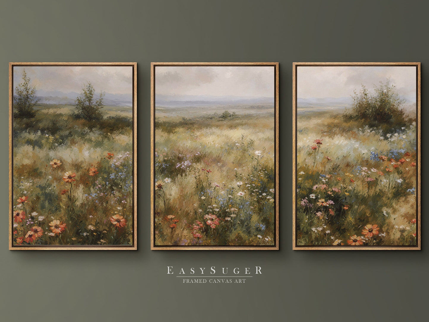 EasySuger 3 Panels Wildflowers field Landscape Wall Art, Vintage Nature Framed Large Gallery Art, Antique Art Ready to Hang | 3VG