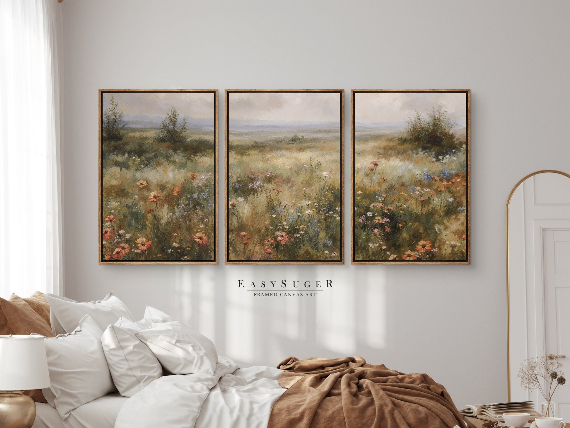 EasySuger 3 Panels Wildflowers field Landscape Wall Art, Vintage Nature Framed Large Gallery Art, Antique Art Ready to Hang | 3VG