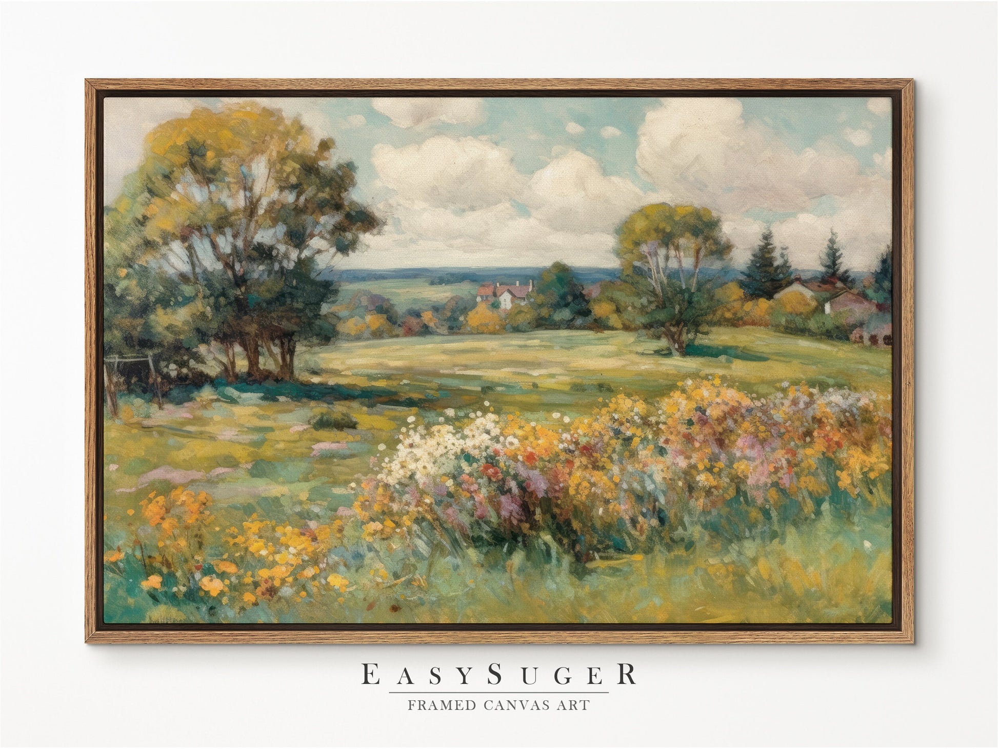 EasySuger Wildflower Field Landscape Oil Painting Framed Canvas Print | with hanging kit | GW24