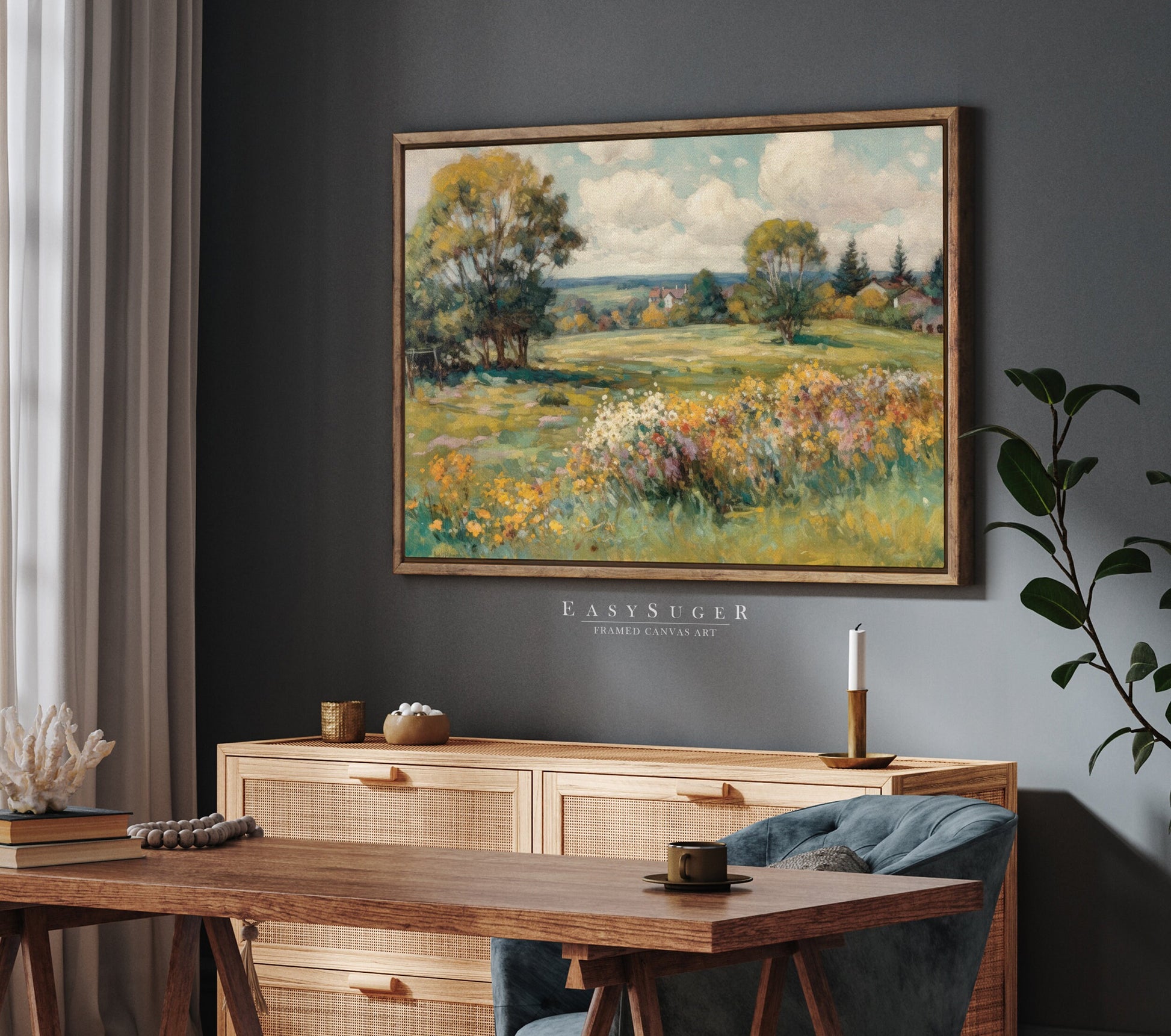 EasySuger Wildflower Field Landscape Oil Painting Framed Canvas Print | with hanging kit | GW24