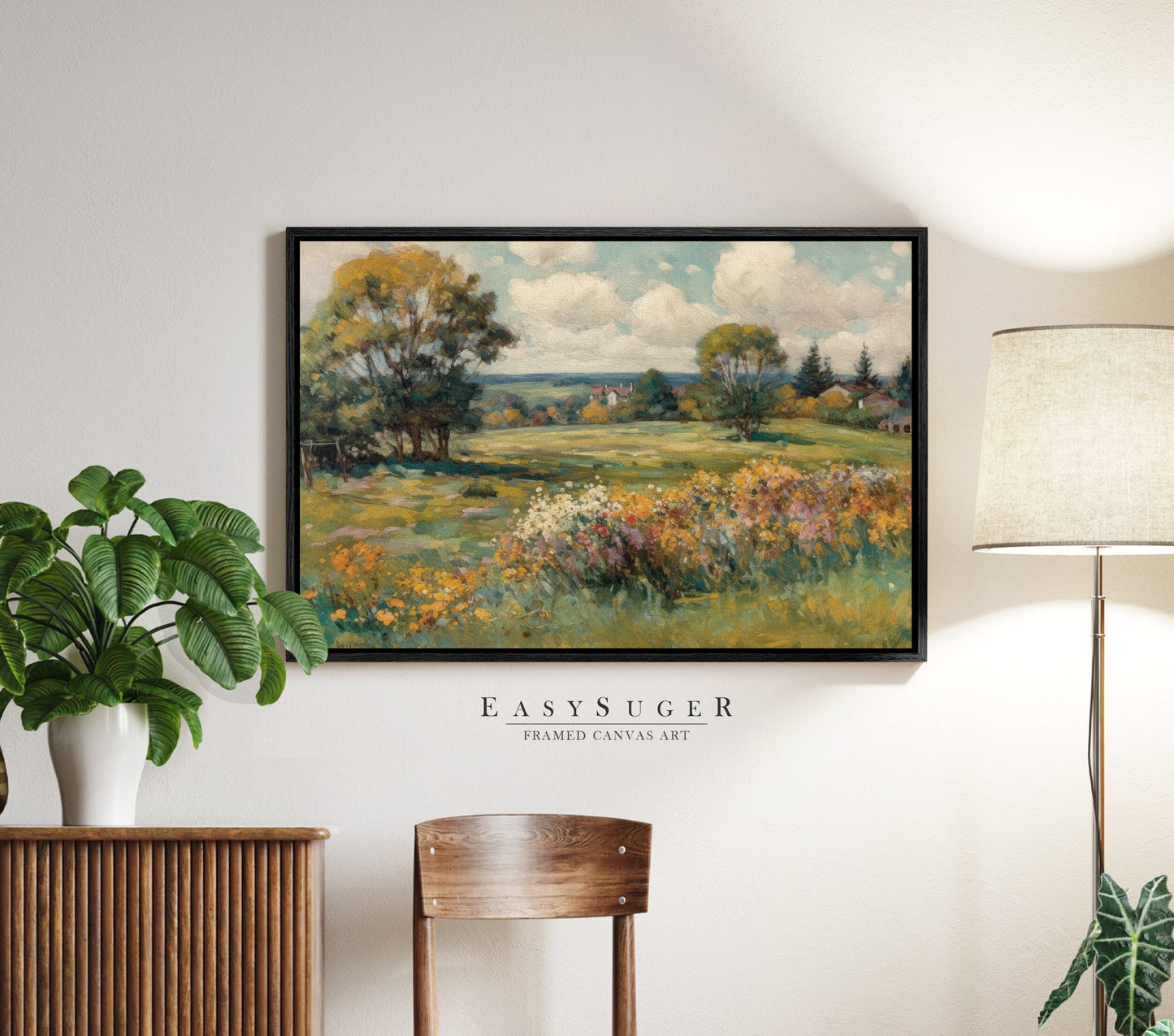 EasySuger Wildflower Field Landscape Oil Painting Framed Canvas Print | with hanging kit | GW24