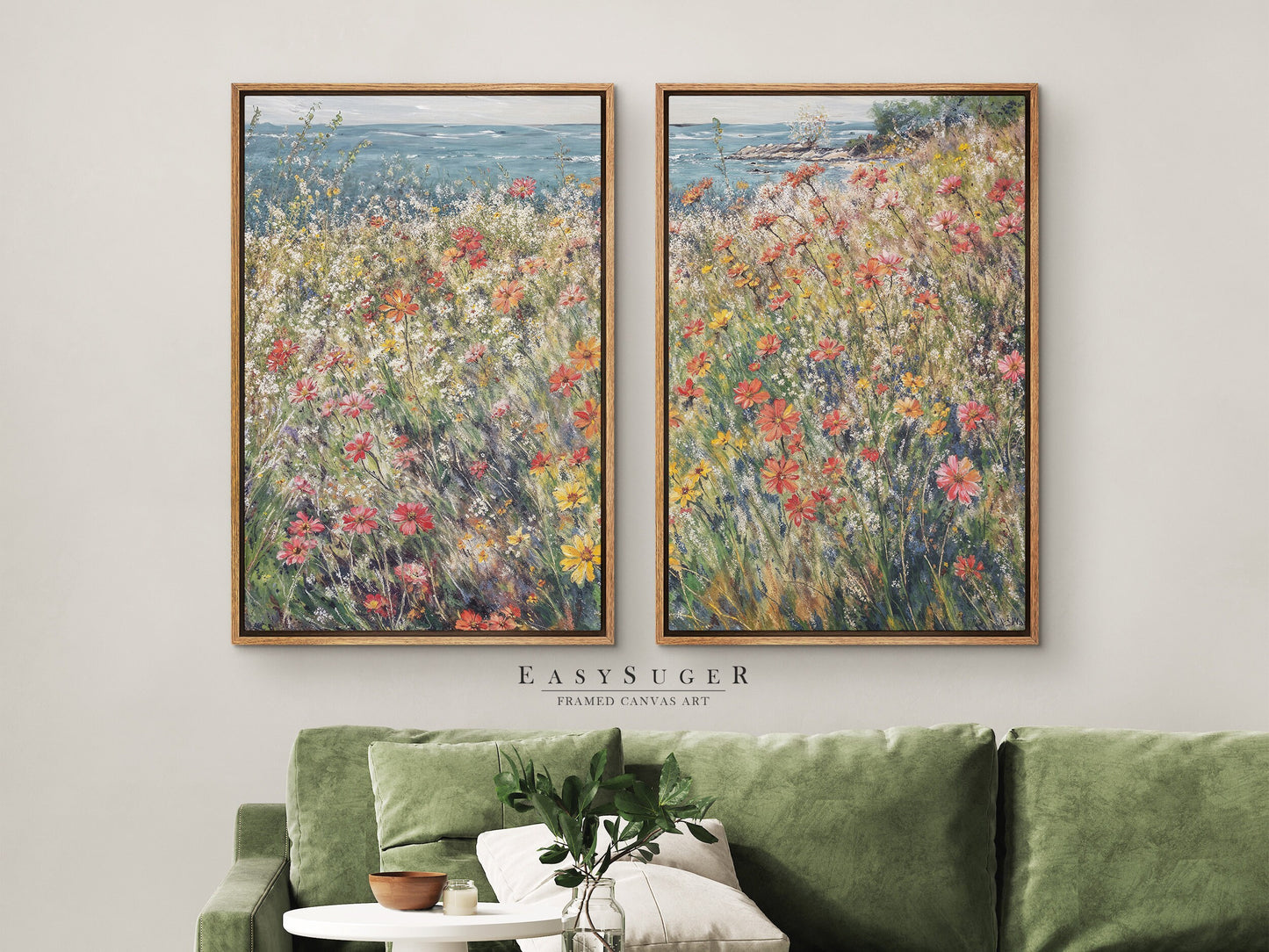 EasySuger 2 Panels Wildflowers field by the Sea | Vintage Nature Framed Large Gallery Art, Antique Art Ready to Hang | WSD4