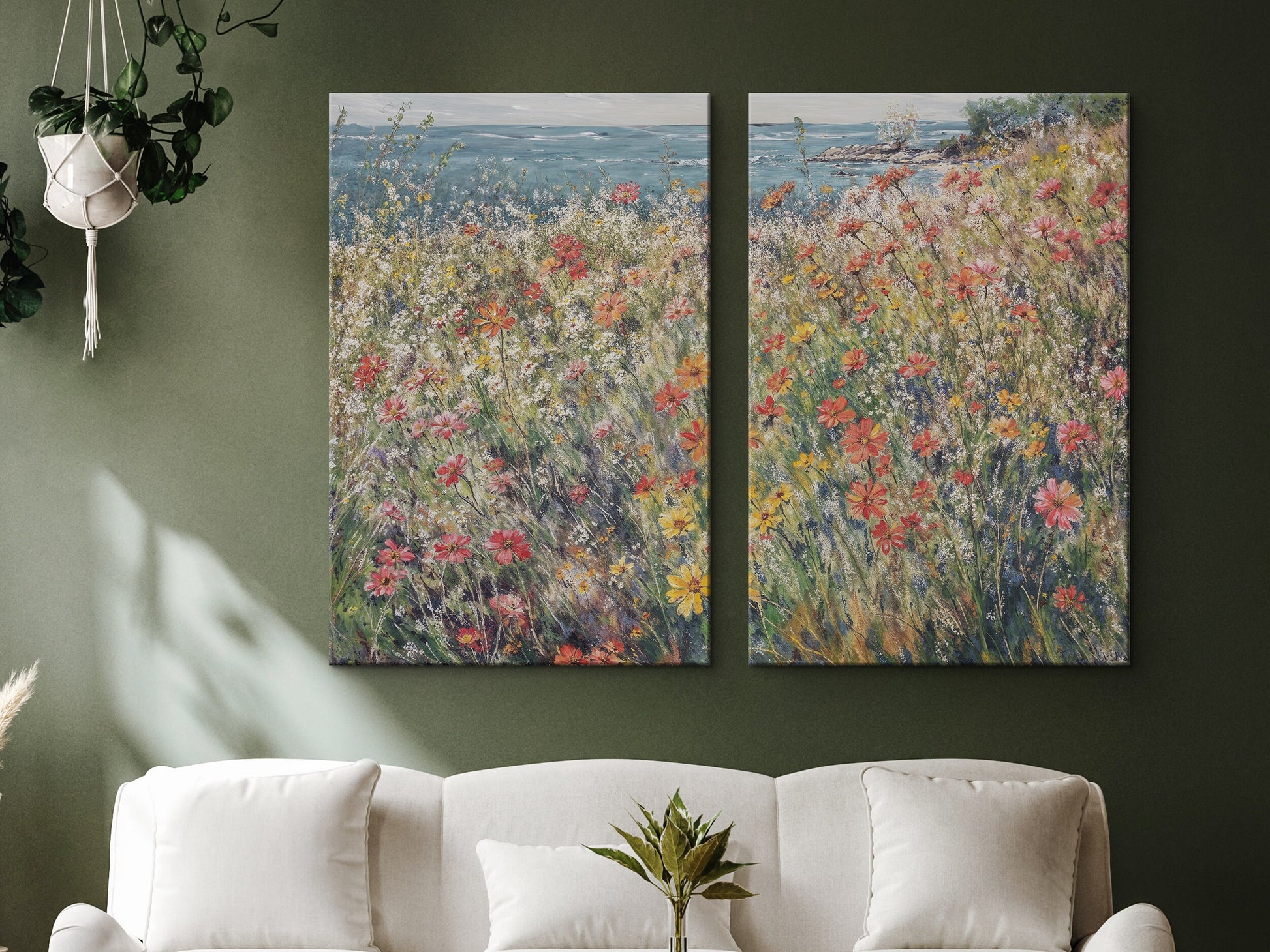 EasySuger 2 Panels Wildflowers field by the Sea | Vintage Nature Framed Large Gallery Art, Antique Art Ready to Hang | WSD4