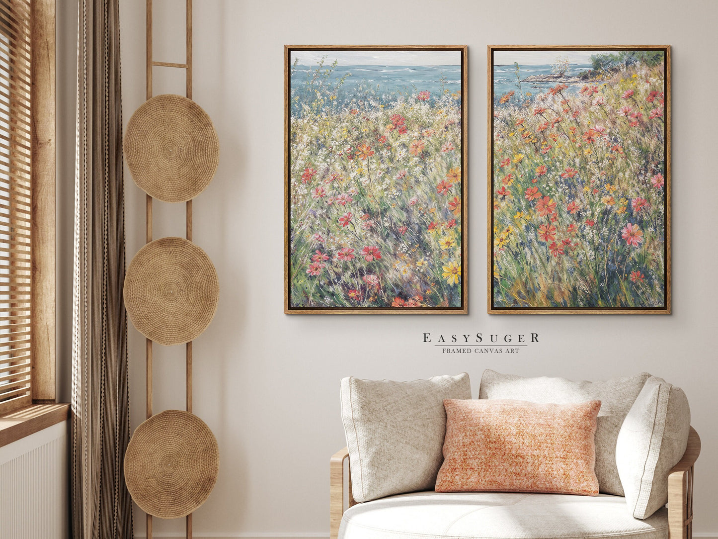 EasySuger 2 Panels Wildflowers field by the Sea | Vintage Nature Framed Large Gallery Art, Antique Art Ready to Hang | WSD4