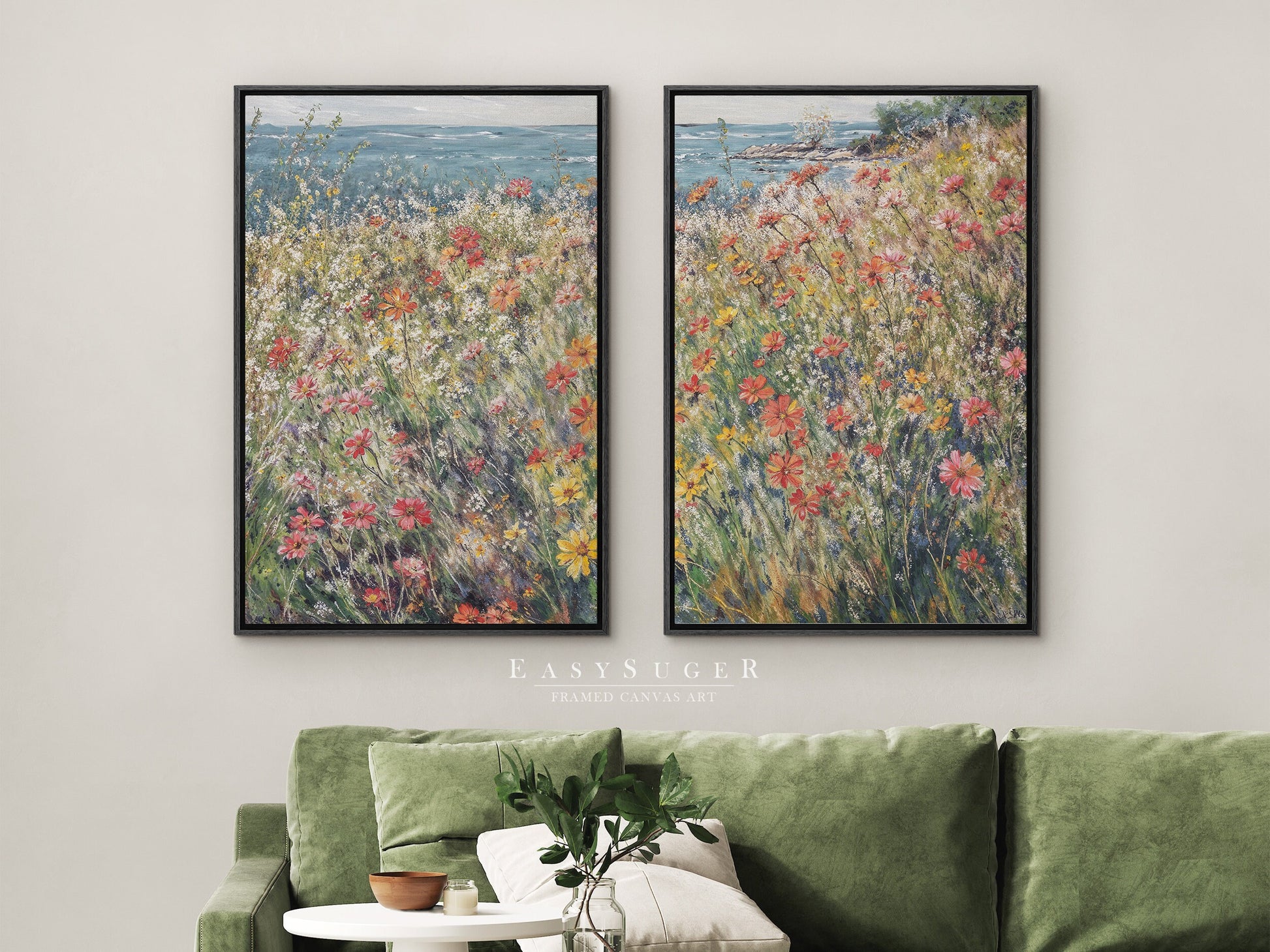 EasySuger 2 Panels Wildflowers field by the Sea | Vintage Nature Framed Large Gallery Art, Antique Art Ready to Hang | WSD4