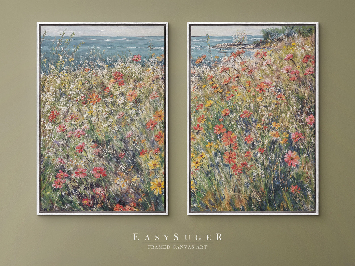 EasySuger 2 Panels Wildflowers field by the Sea | Vintage Nature Framed Large Gallery Art, Antique Art Ready to Hang | WSD4