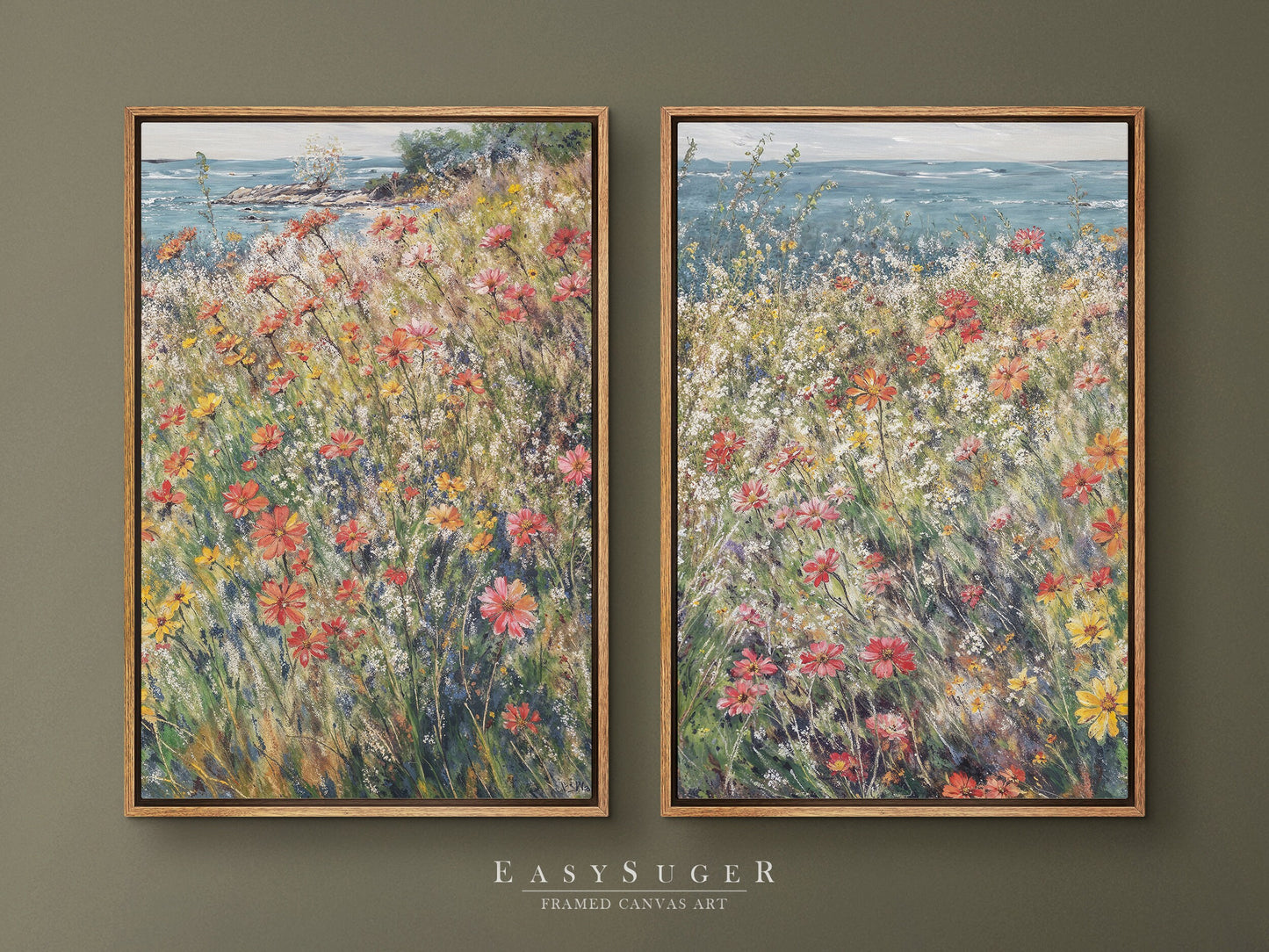 EasySuger 2 Panels Wildflowers field by the Sea | Vintage Nature Framed Large Gallery Art, Antique Art Ready to Hang | WSD4