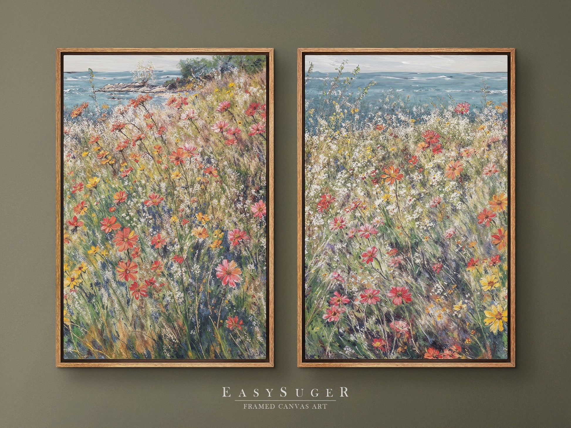 EasySuger 2 Panels Wildflowers field by the Sea | Vintage Nature Framed Large Gallery Art, Antique Art Ready to Hang | WSD4