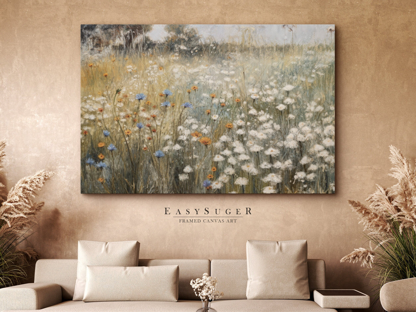 EasySuger Wildflowers field Wall Art Print, Nature Framed Large Gallery Art, Minimalist Art with hanging kit | GW27