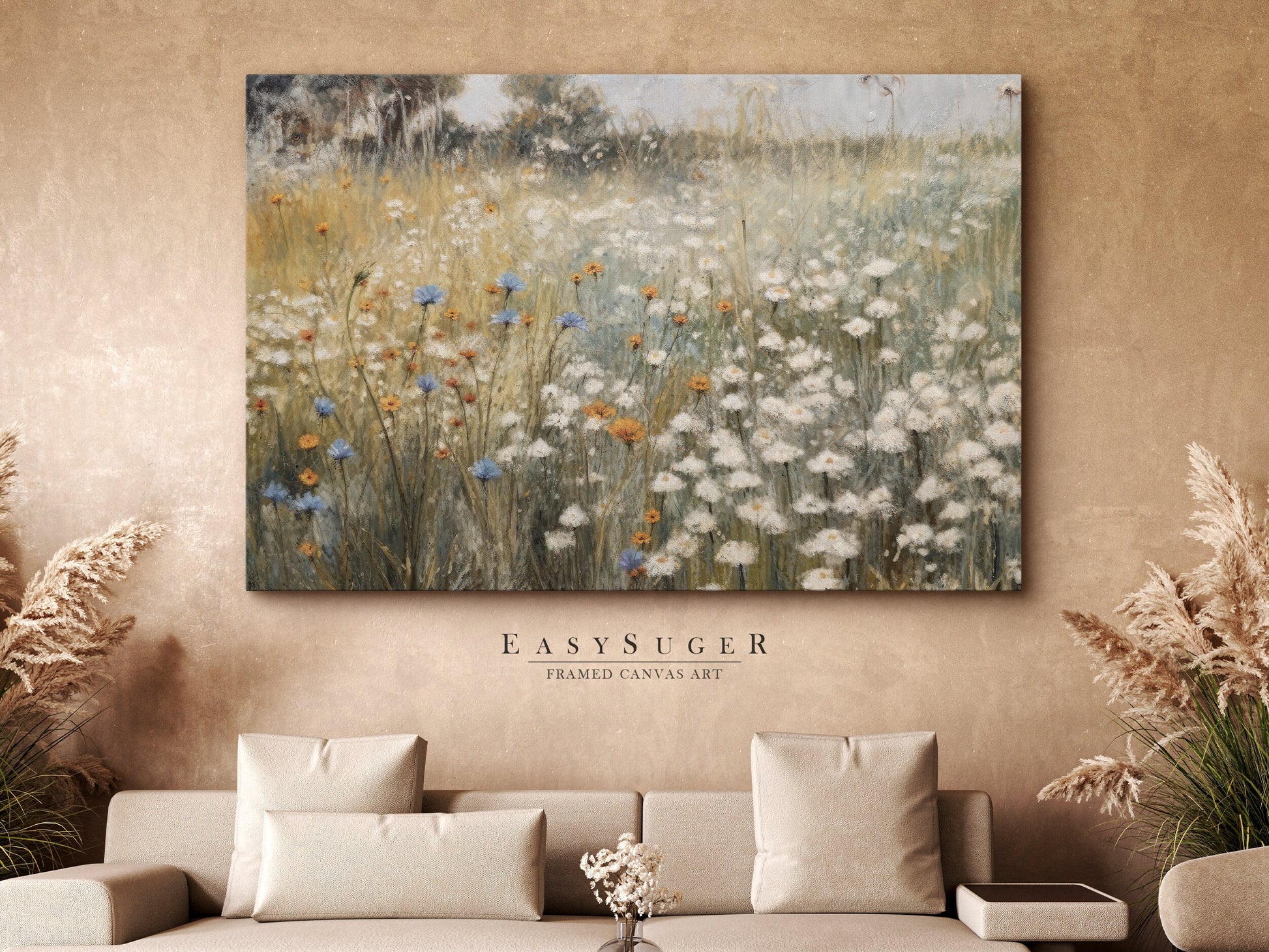 EasySuger Wildflowers field Wall Art Print, Nature Framed Large Gallery Art, Minimalist Art with hanging kit | GW27