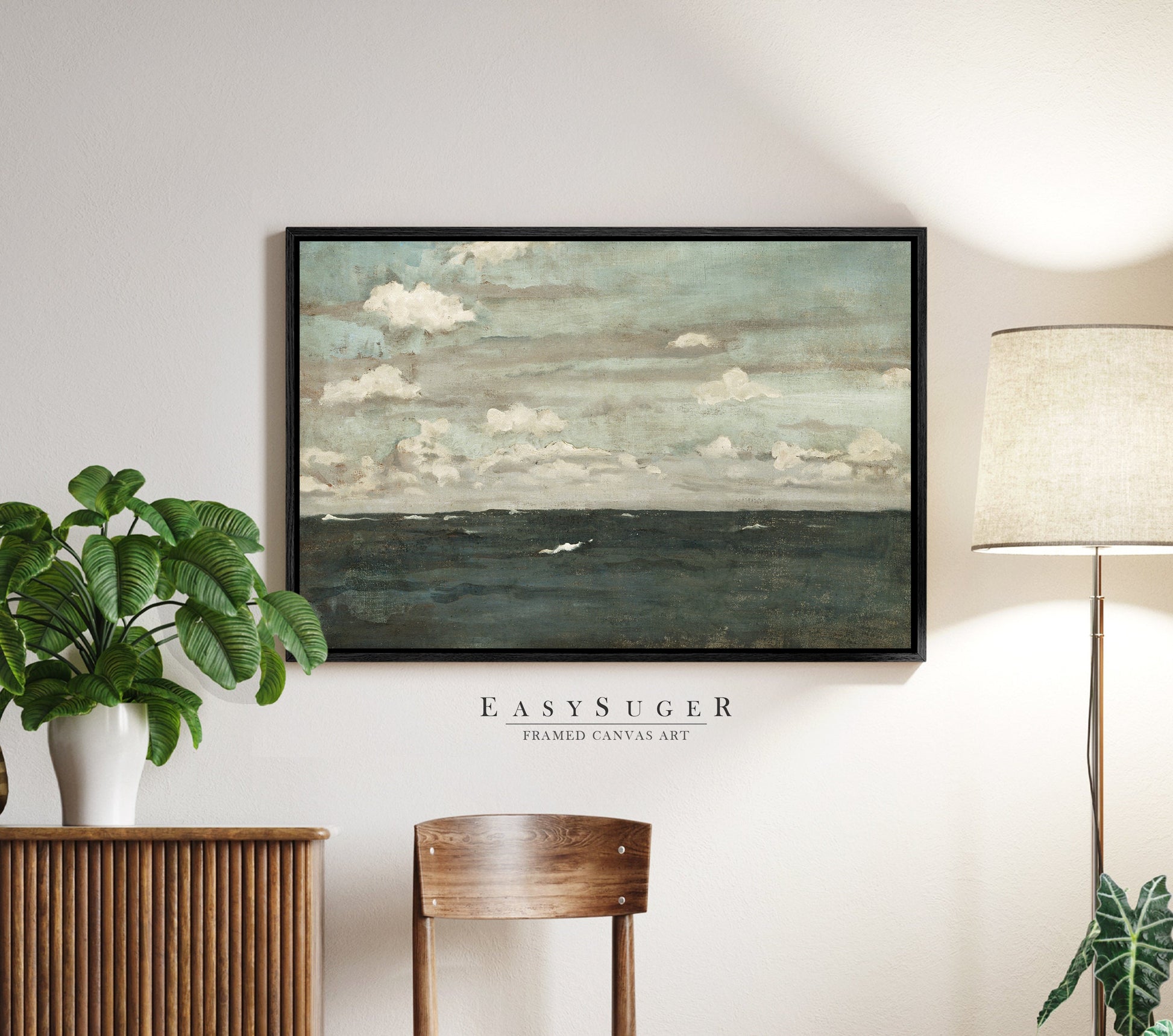 EasySuger Serene Seascape Wall Art, Cloud Study Nature Framed Large Gallery Art, Minimalist Art Ready to Hang | SC1