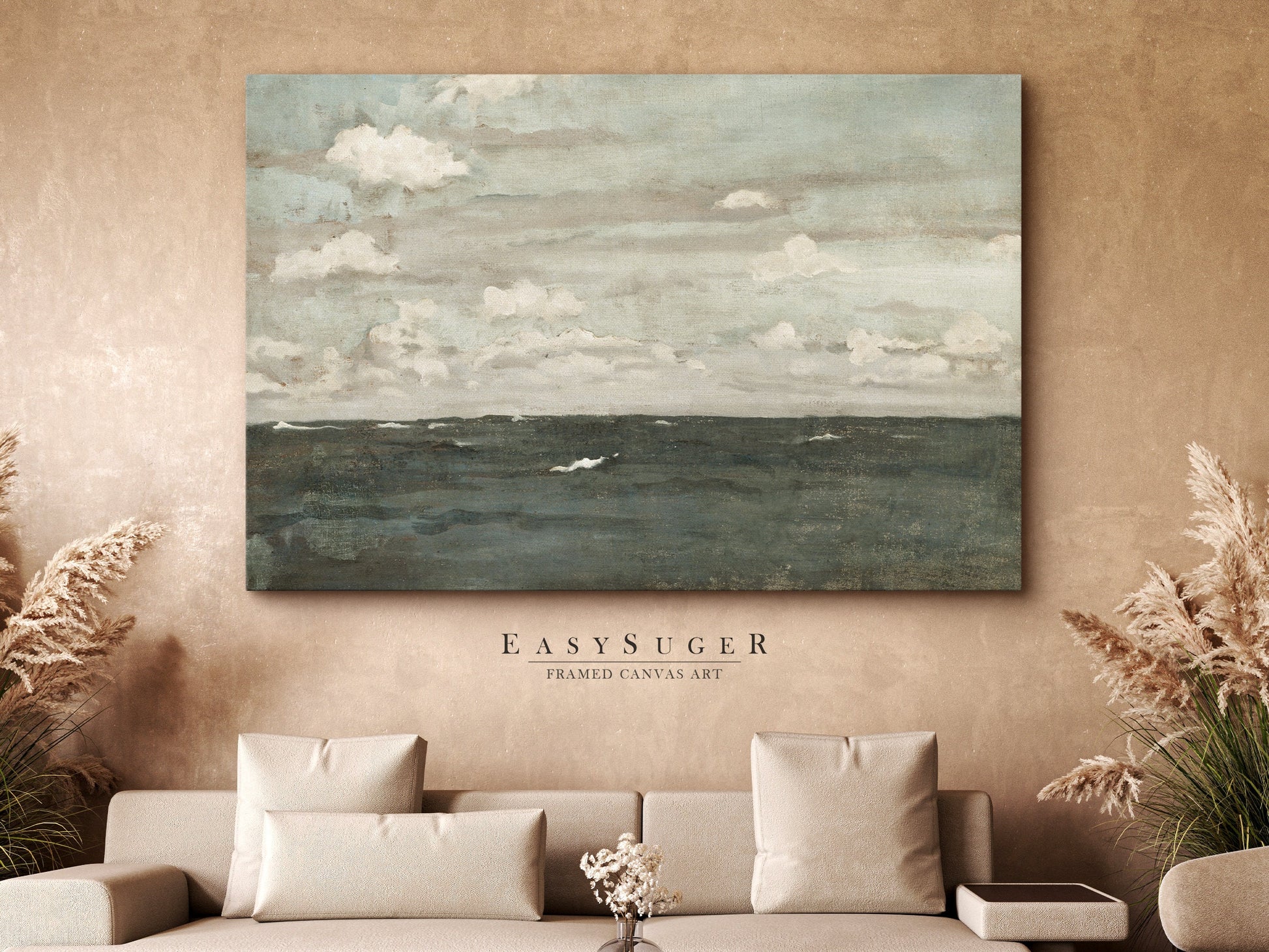 EasySuger Serene Seascape Wall Art, Cloud Study Nature Framed Large Gallery Art, Minimalist Art Ready to Hang | SC1