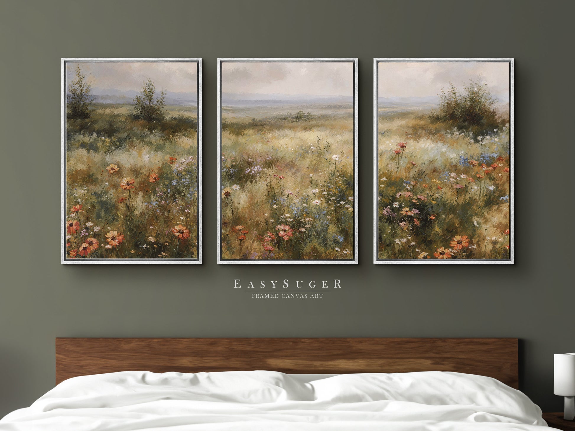 EasySuger 3 Panels Wildflowers field Landscape Wall Art, Vintage Nature Framed Large Gallery Art, Antique Art Ready to Hang | 3VG