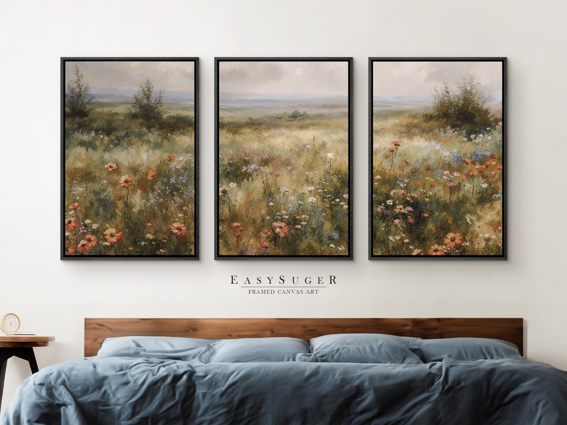 EasySuger 3 Panels Wildflowers field Landscape Wall Art, Vintage Nature Framed Large Gallery Art, Antique Art Ready to Hang | 3VG