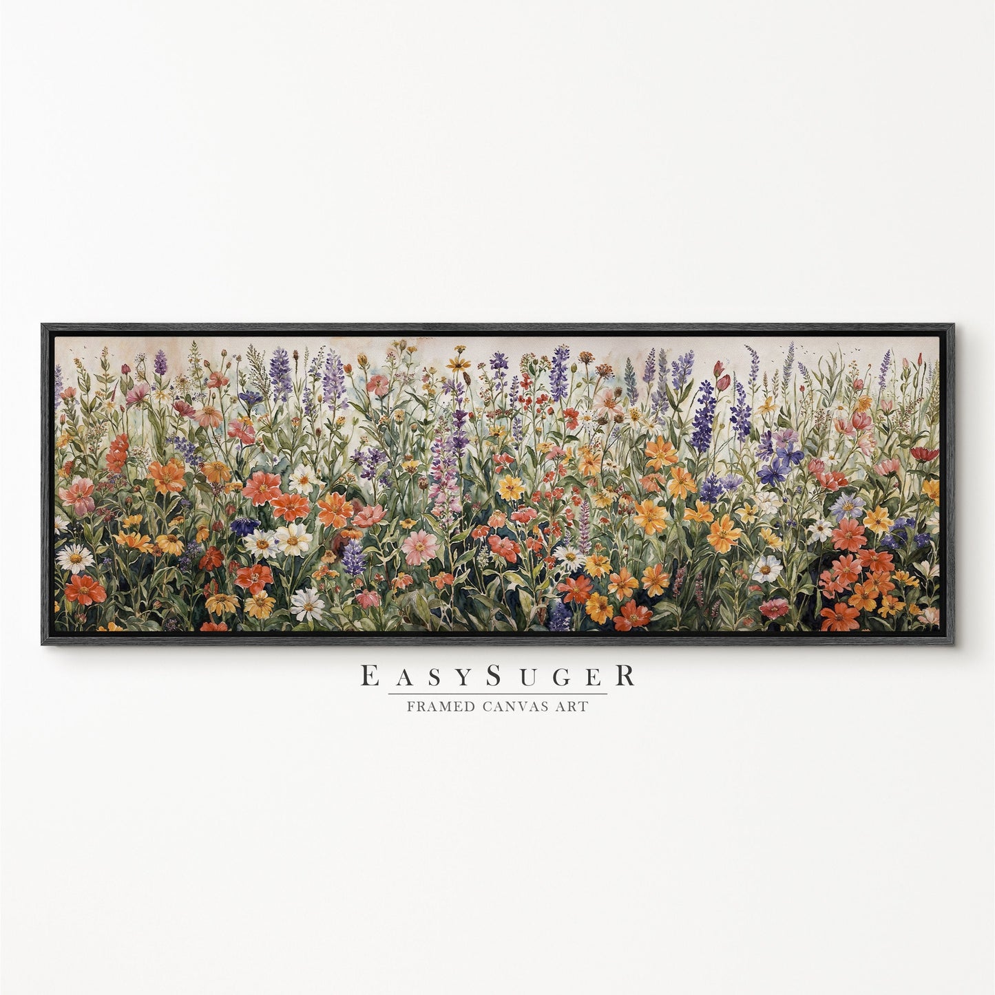 EasySuger Ultra Wide Watercolor Wlidflower field Framed Canvas Print | with hanging kit | WCF1