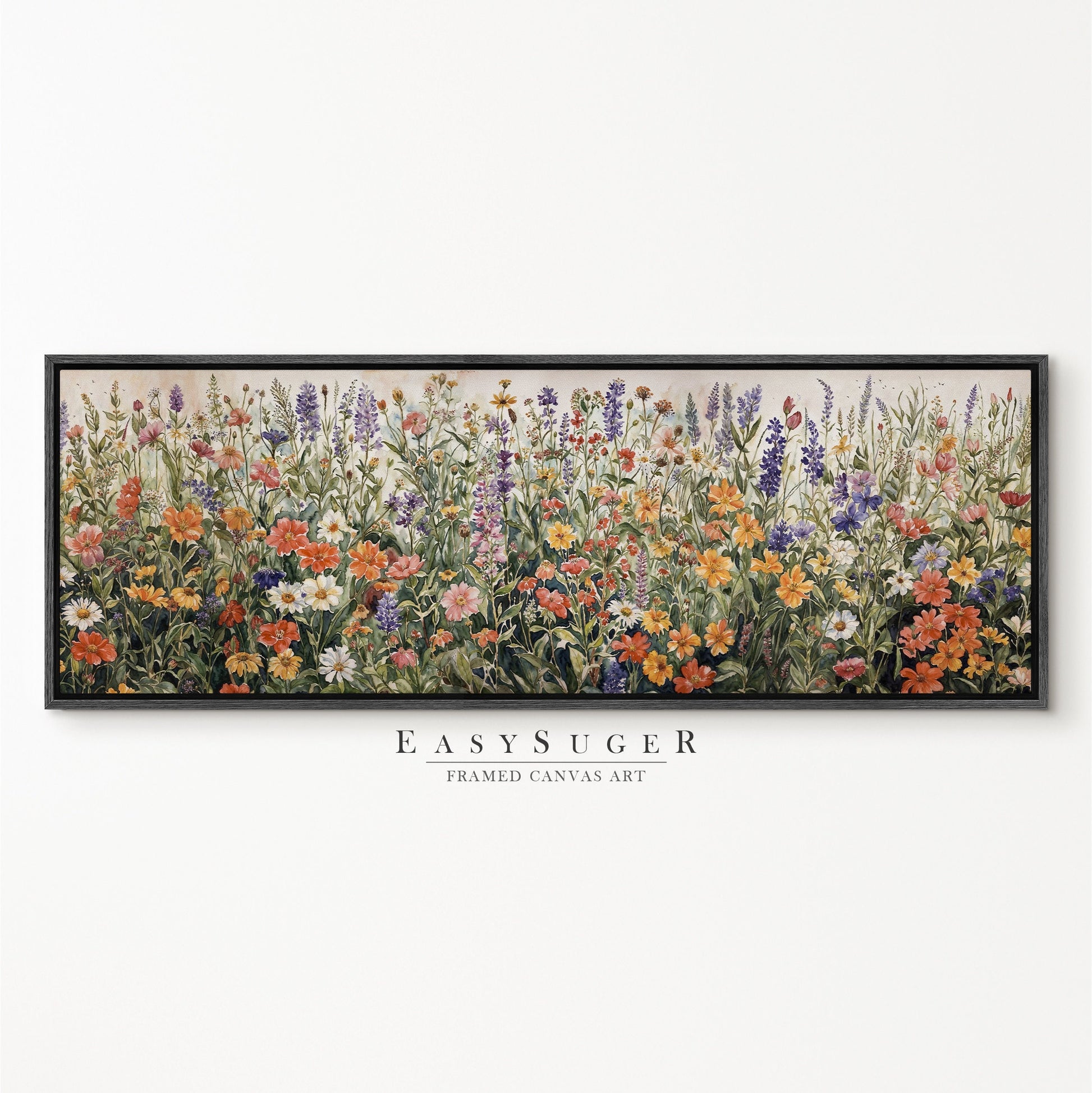 EasySuger Ultra Wide Watercolor Wlidflower field Framed Canvas Print | with hanging kit | WCF1