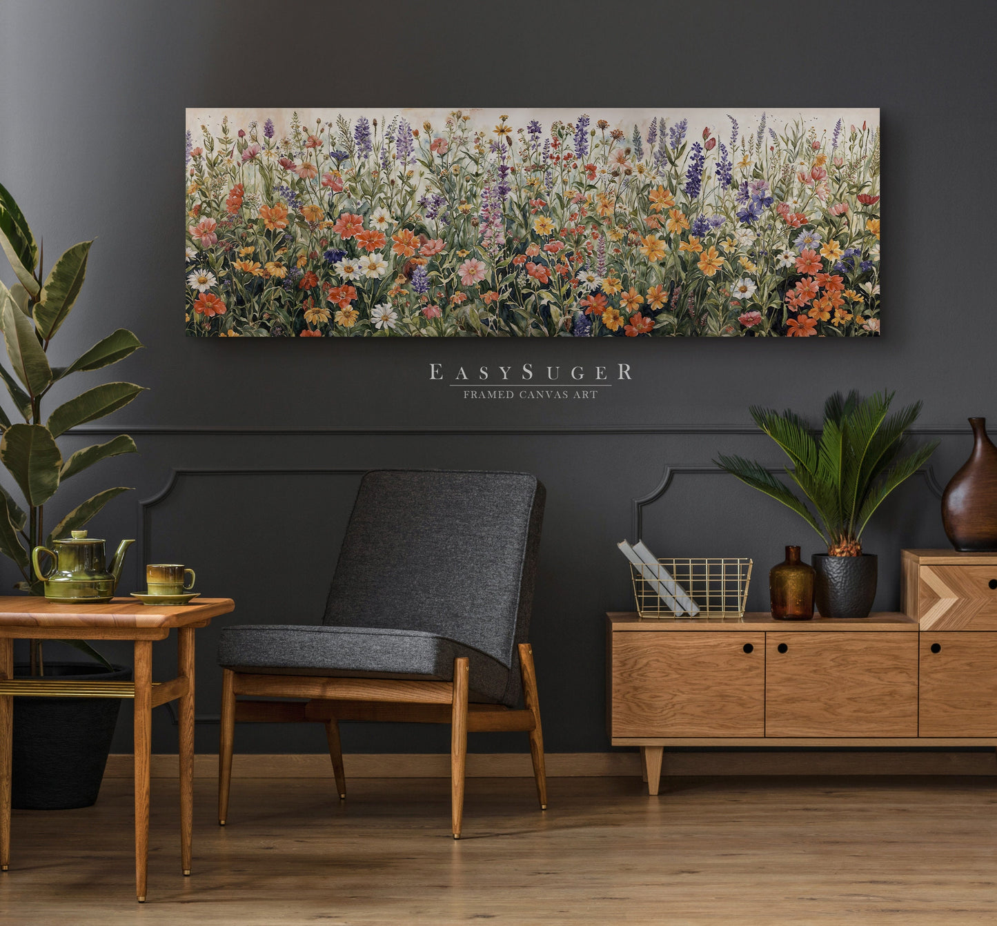 EasySuger Ultra Wide Watercolor Wlidflower field Framed Canvas Print | with hanging kit | WCF1