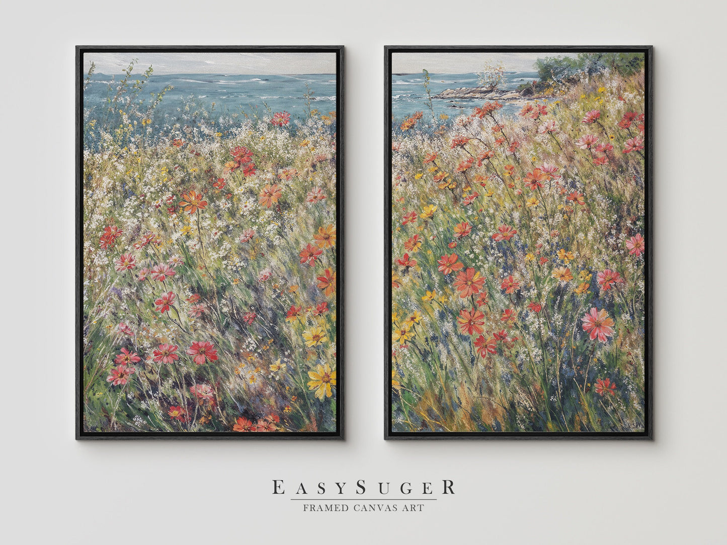 EasySuger 2 Panels Wildflowers field by the Sea | Vintage Nature Framed Large Gallery Art, Antique Art Ready to Hang | WSD4