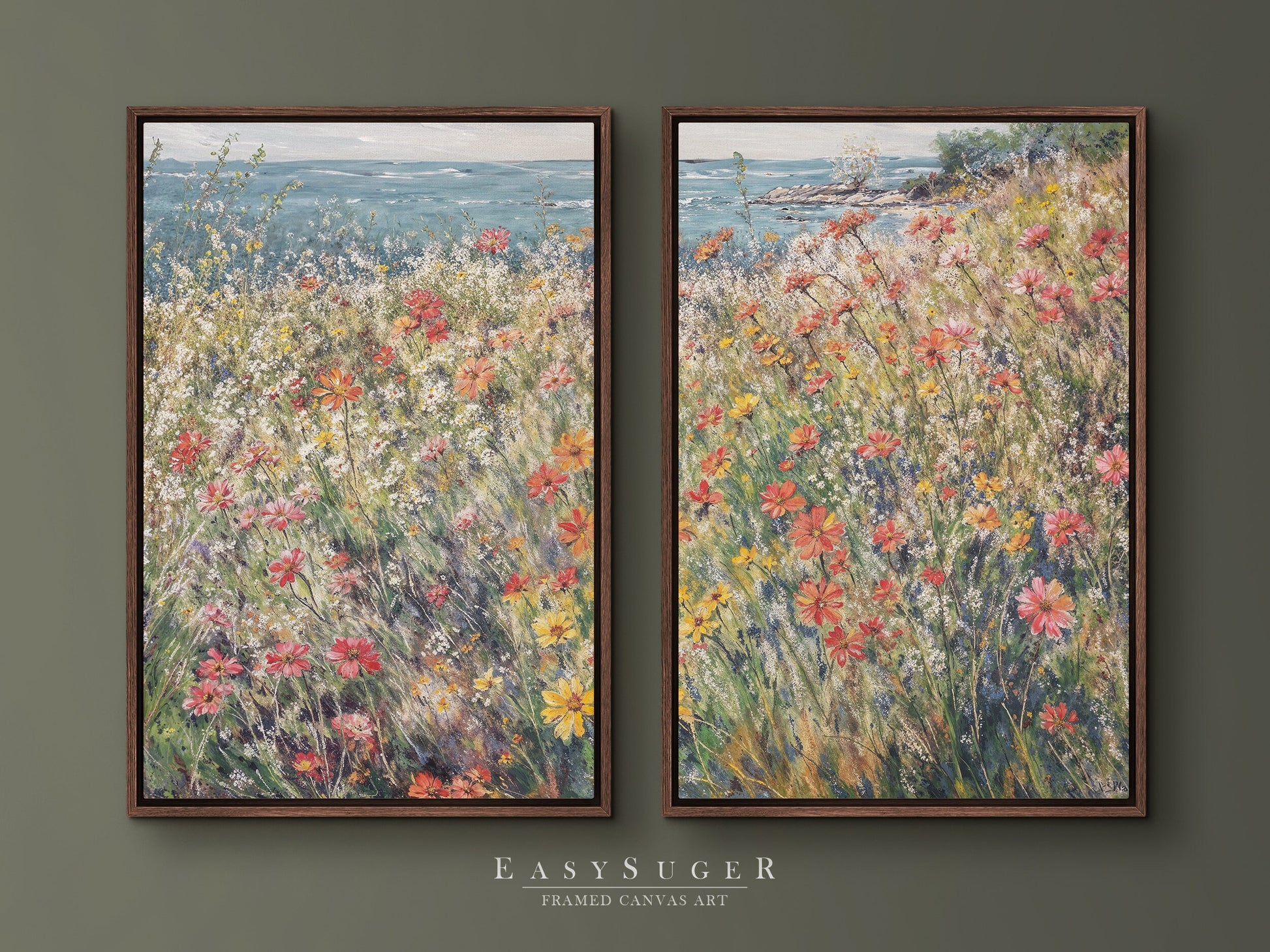 EasySuger 2 Panels Wildflowers field by the Sea | Vintage Nature Framed Large Gallery Art, Antique Art Ready to Hang | WSD4